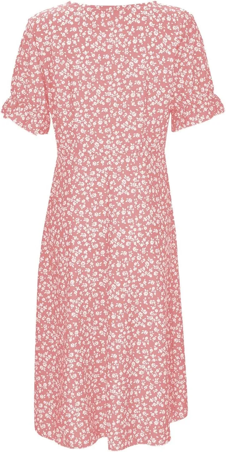Women's Bohemian Floral Printed Short Sleeve Summer Dress Wrap V Neck Beach Flowy Irregular Hem Slit Midi Dresses