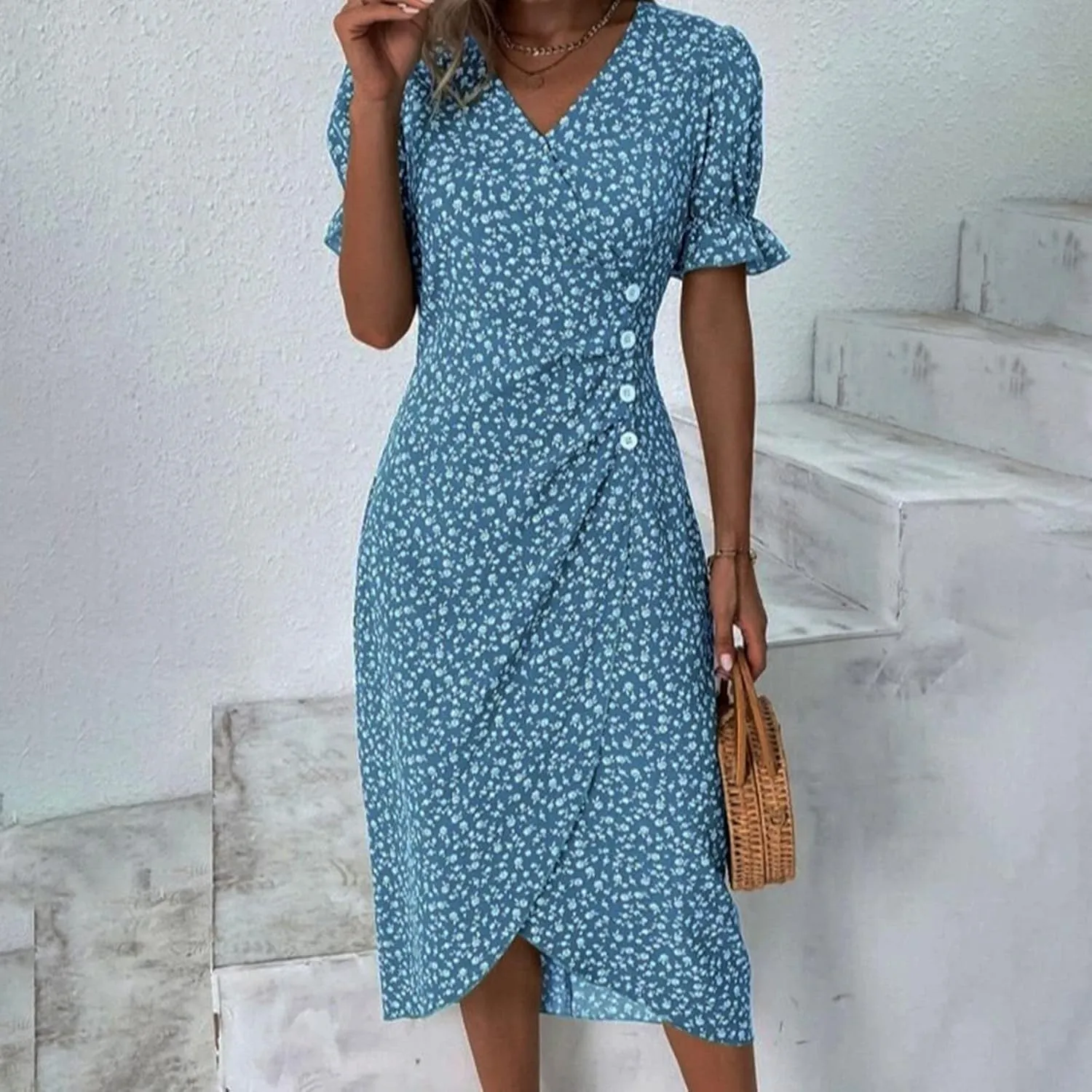 Women's Bohemian Floral Printed Short Sleeve Summer Dress Wrap V Neck Beach Flowy Irregular Hem Slit Midi Dresses