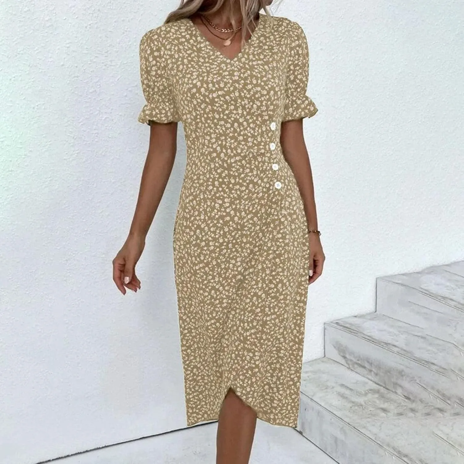 Women's Bohemian Floral Printed Short Sleeve Summer Dress Wrap V Neck Beach Flowy Irregular Hem Slit Midi Dresses