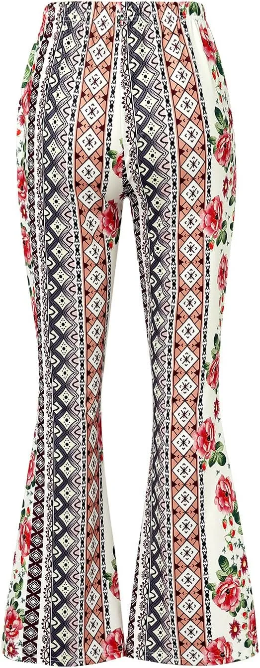 Womens Boho Flare Pants Retro Floral Print High Elastic Waist Bell Bottom Straight Wide Leg Yoga Palazzo Trousers