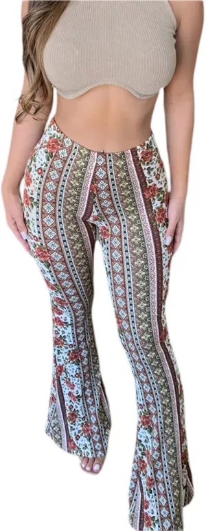 Womens Boho Flare Pants Retro Floral Print High Elastic Waist Bell Bottom Straight Wide Leg Yoga Palazzo Trousers