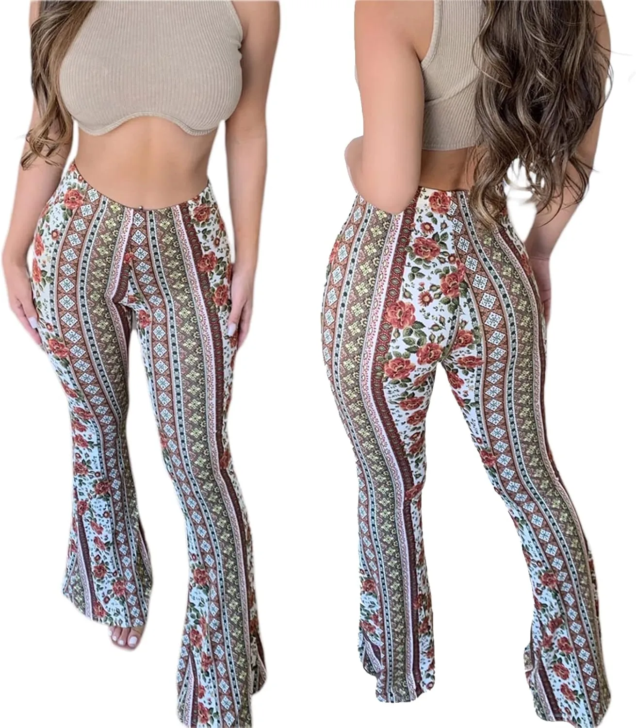 Womens Boho Flare Pants Retro Floral Print High Elastic Waist Bell Bottom Straight Wide Leg Yoga Palazzo Trousers