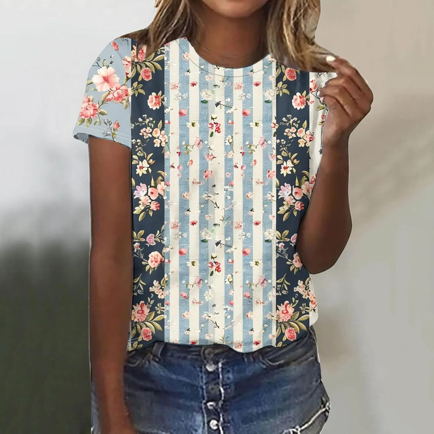 Womens Boho Floral Blouses Short Sleeve Summer Tops 2024 Trendy Tshirts Shirt Dressy Causal Ladies Clothes