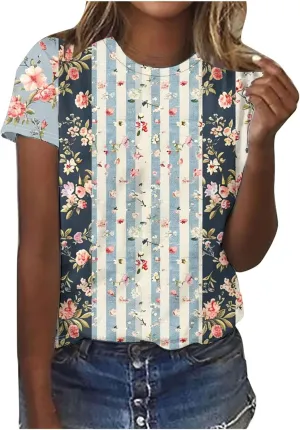 Womens Boho Floral Blouses Short Sleeve Summer Tops 2024 Trendy Tshirts Shirt Dressy Causal Ladies Clothes