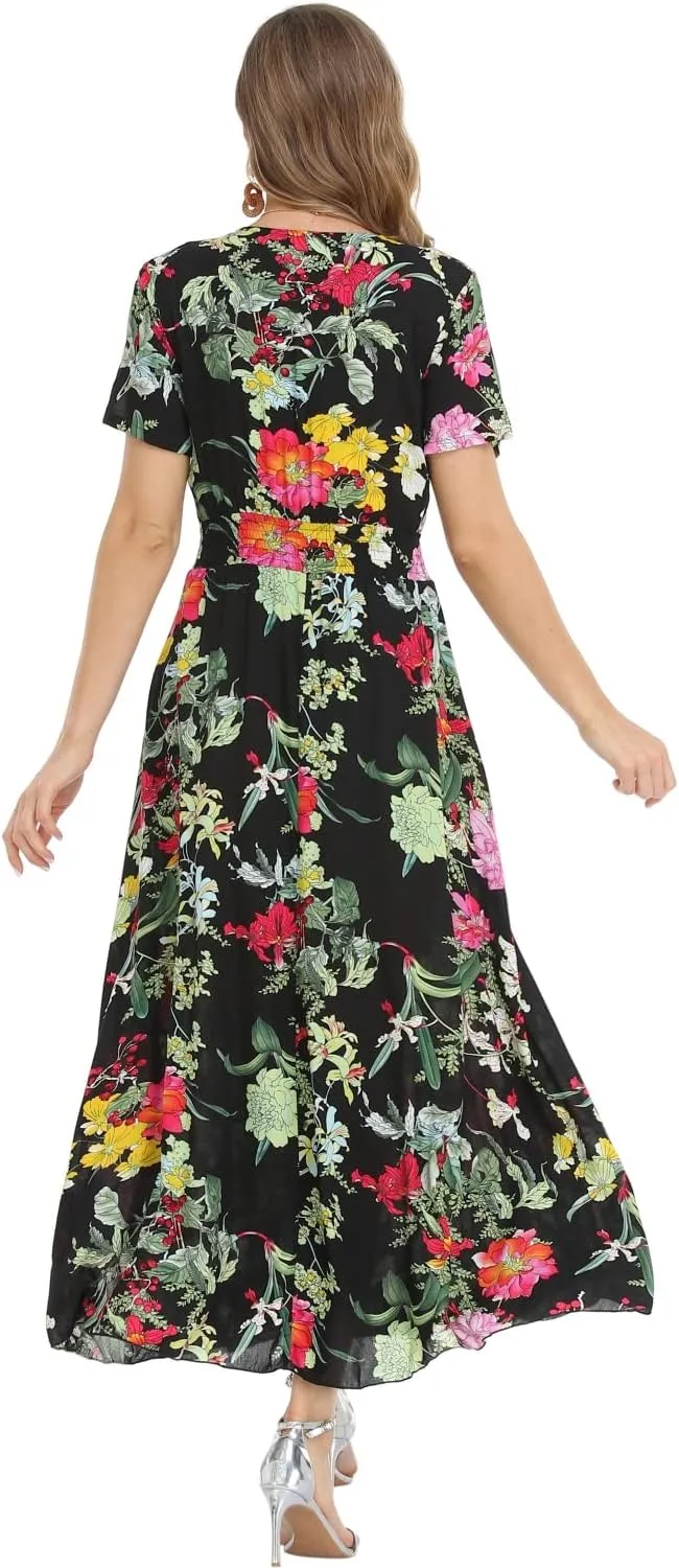 Women's Boho Floral Maxi Dress Summer Button Up Split Flowy Beach Party Dress