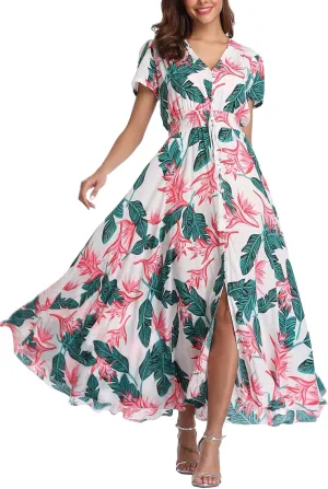 Women's Boho Floral Maxi Dress Summer Button Up Split Flowy Beach Party Dress