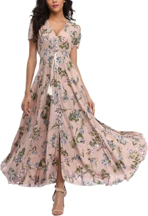 Women's Boho Floral Maxi Dress Summer Button Up Split Flowy Beach Party Dress