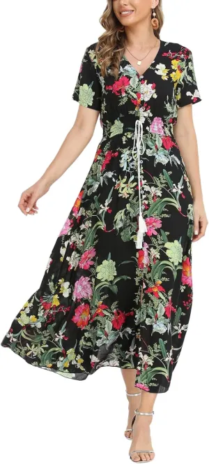Women's Boho Floral Maxi Dress Summer Button Up Split Flowy Beach Party Dress