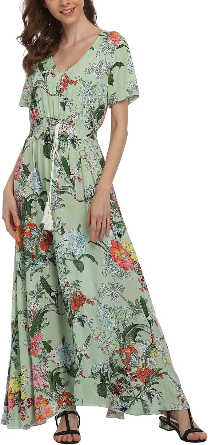 Women's Boho Floral Maxi Dress Summer Button Up Split Flowy Beach Party Dress