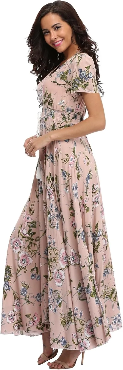 Women's Boho Floral Maxi Dress Summer Button Up Split Flowy Beach Party Dress