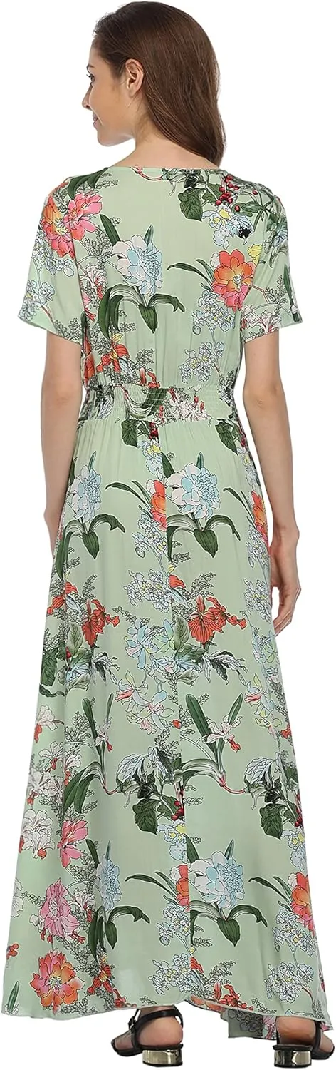 Women's Boho Floral Maxi Dress Summer Button Up Split Flowy Beach Party Dress