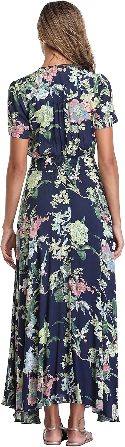 Women's Boho Floral Maxi Dress Summer Button Up Split Flowy Beach Party Dress