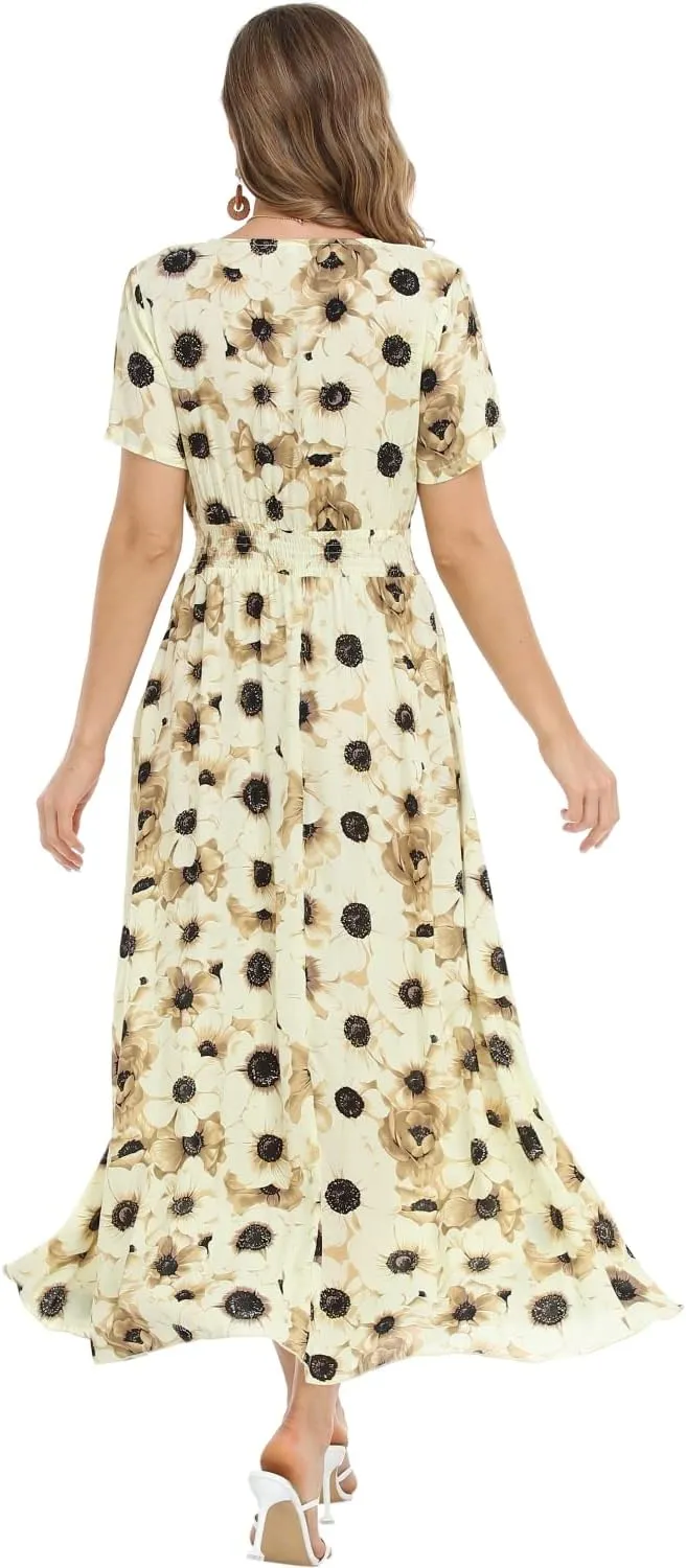 Women's Boho Floral Maxi Dress Summer Button Up Split Flowy Beach Party Dress