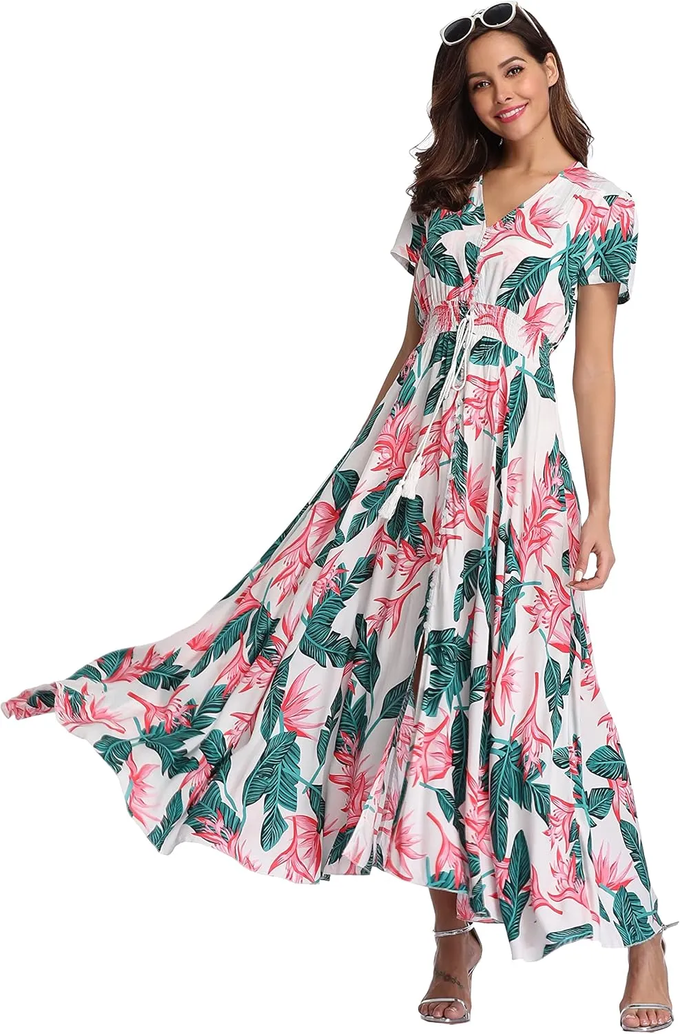 Women's Boho Floral Maxi Dress Summer Button Up Split Flowy Beach Party Dress