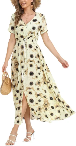 Women's Boho Floral Maxi Dress Summer Button Up Split Flowy Beach Party Dress