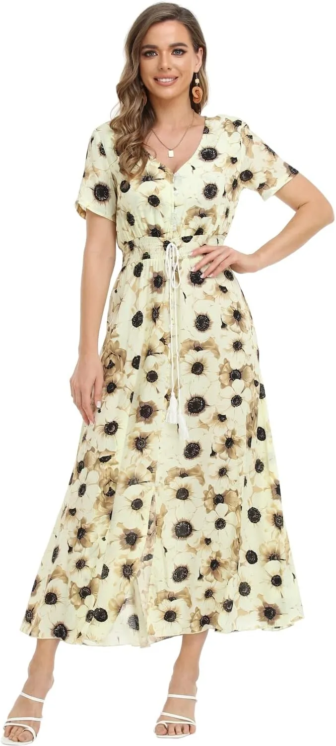 Women's Boho Floral Maxi Dress Summer Button Up Split Flowy Beach Party Dress