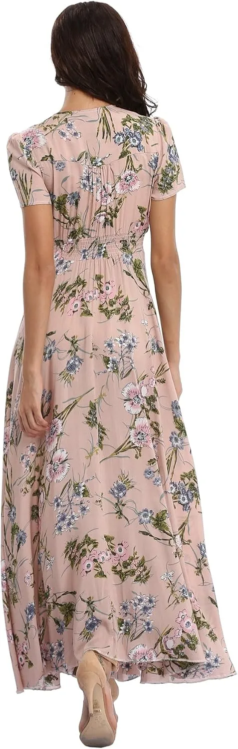 Women's Boho Floral Maxi Dress Summer Button Up Split Flowy Beach Party Dress