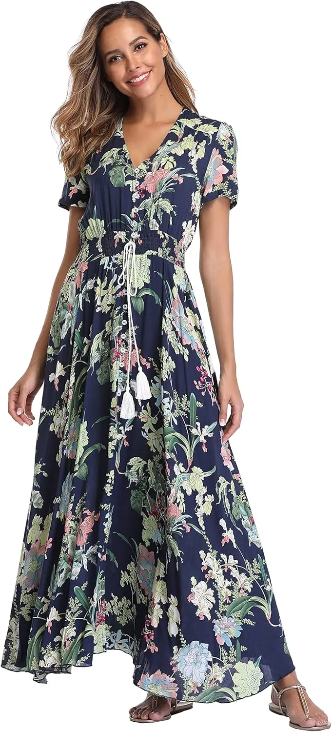 Women's Boho Floral Maxi Dress Summer Button Up Split Flowy Beach Party Dress