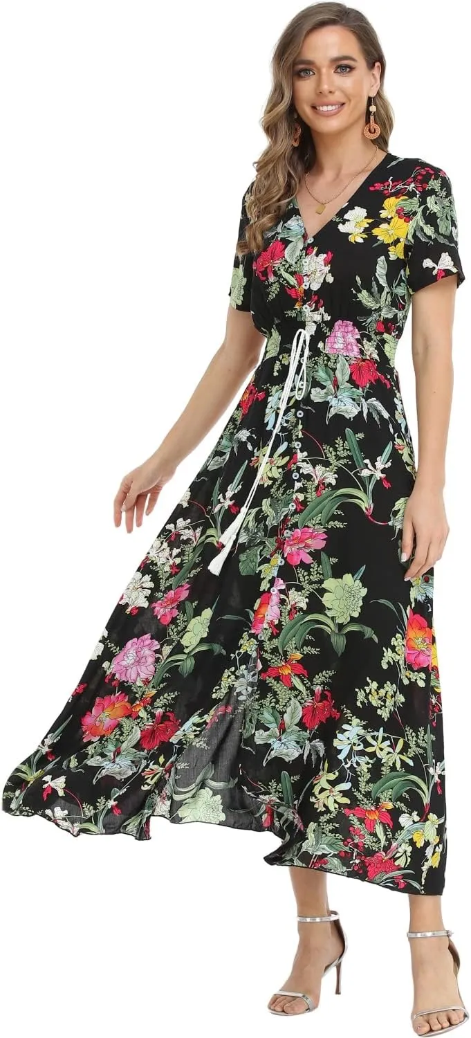 Women's Boho Floral Maxi Dress Summer Button Up Split Flowy Beach Party Dress