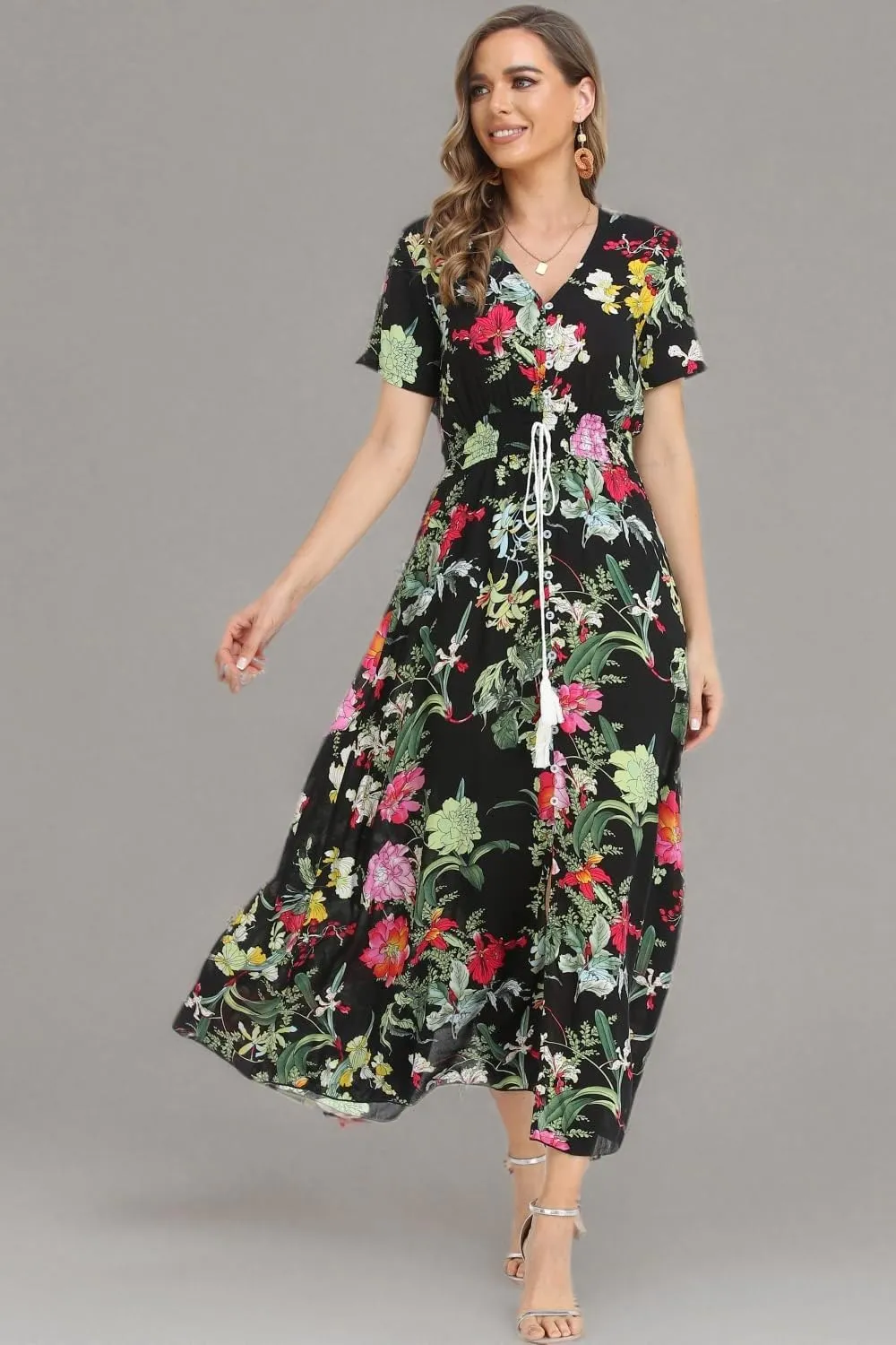 Women's Boho Floral Maxi Dress Summer Button Up Split Flowy Beach Party Dress