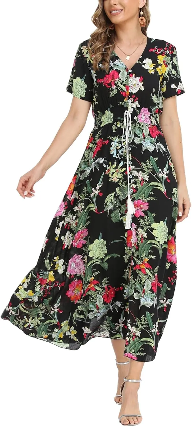 Women's Boho Floral Maxi Dress Summer Button Up Split Flowy Beach Party Dress