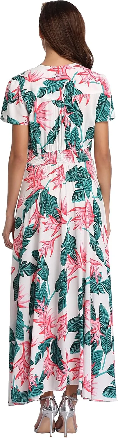 Women's Boho Floral Maxi Dress Summer Button Up Split Flowy Beach Party Dress