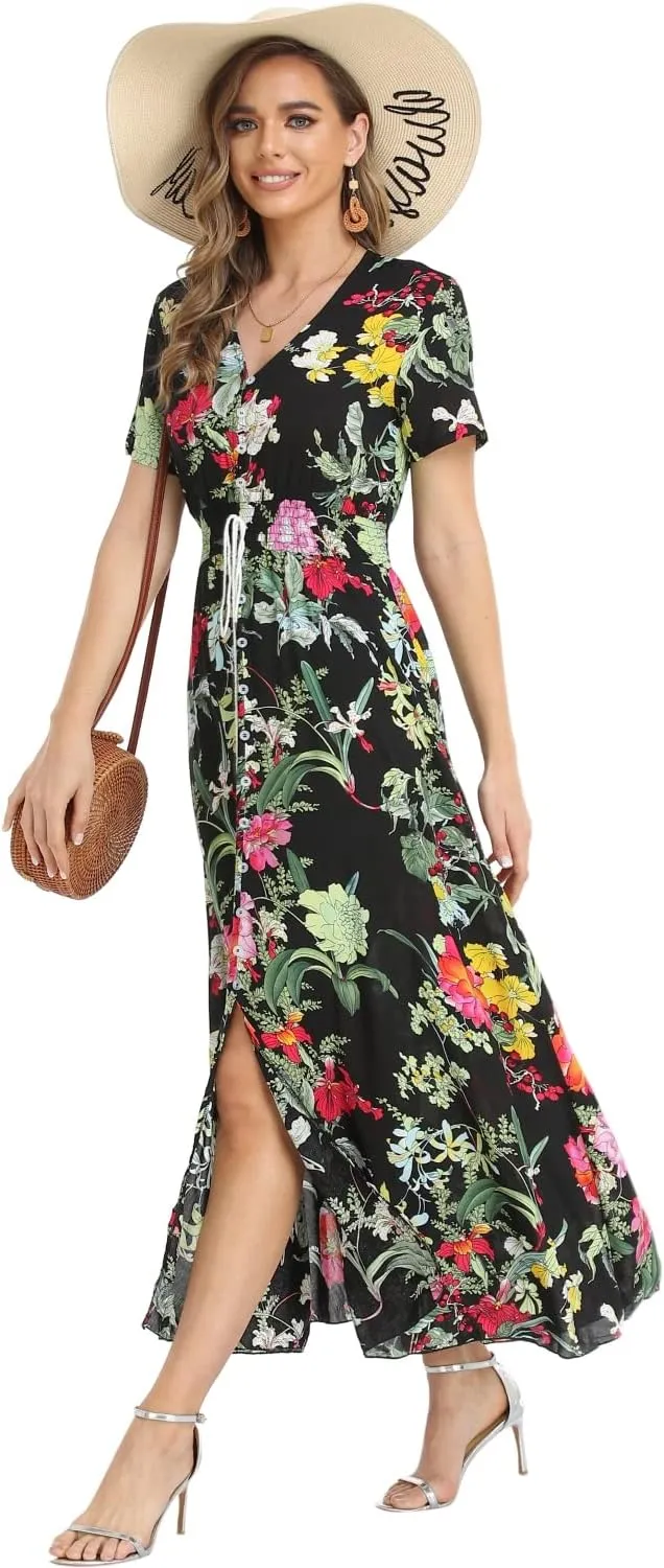 Women's Boho Floral Maxi Dress Summer Button Up Split Flowy Beach Party Dress