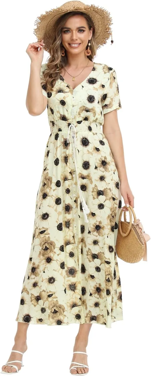 Women's Boho Floral Maxi Dress Summer Button Up Split Flowy Beach Party Dress