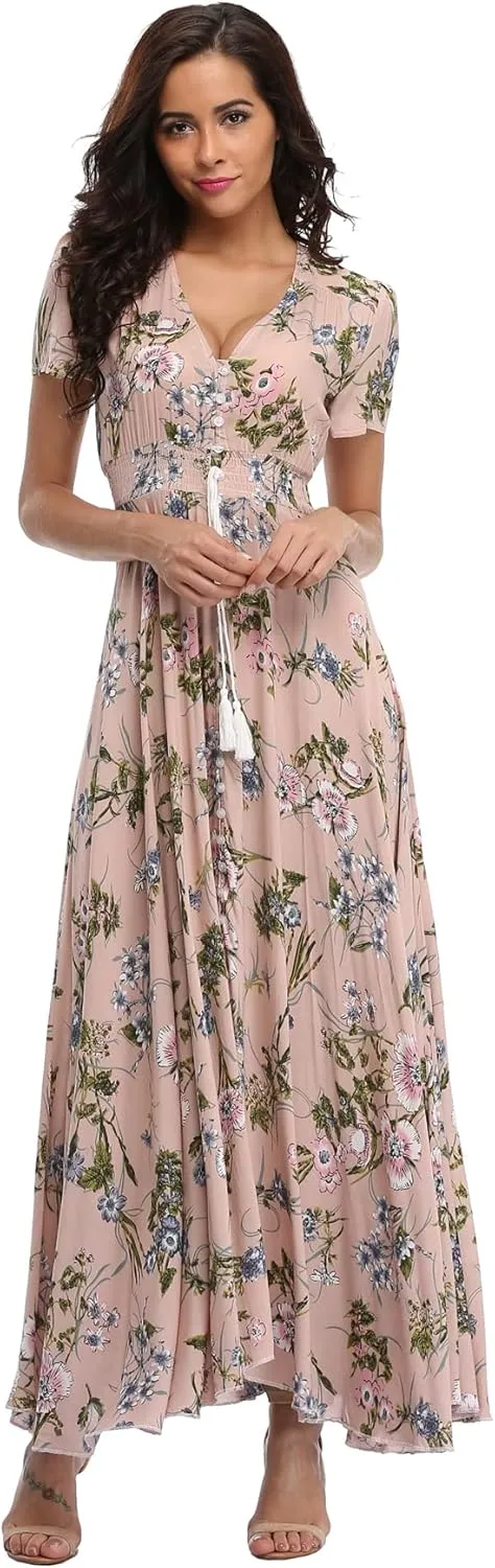 Women's Boho Floral Maxi Dress Summer Button Up Split Flowy Beach Party Dress