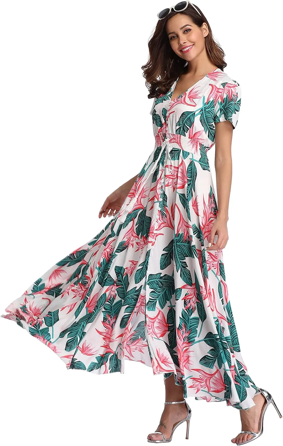 Women's Boho Floral Maxi Dress Summer Button Up Split Flowy Beach Party Dress