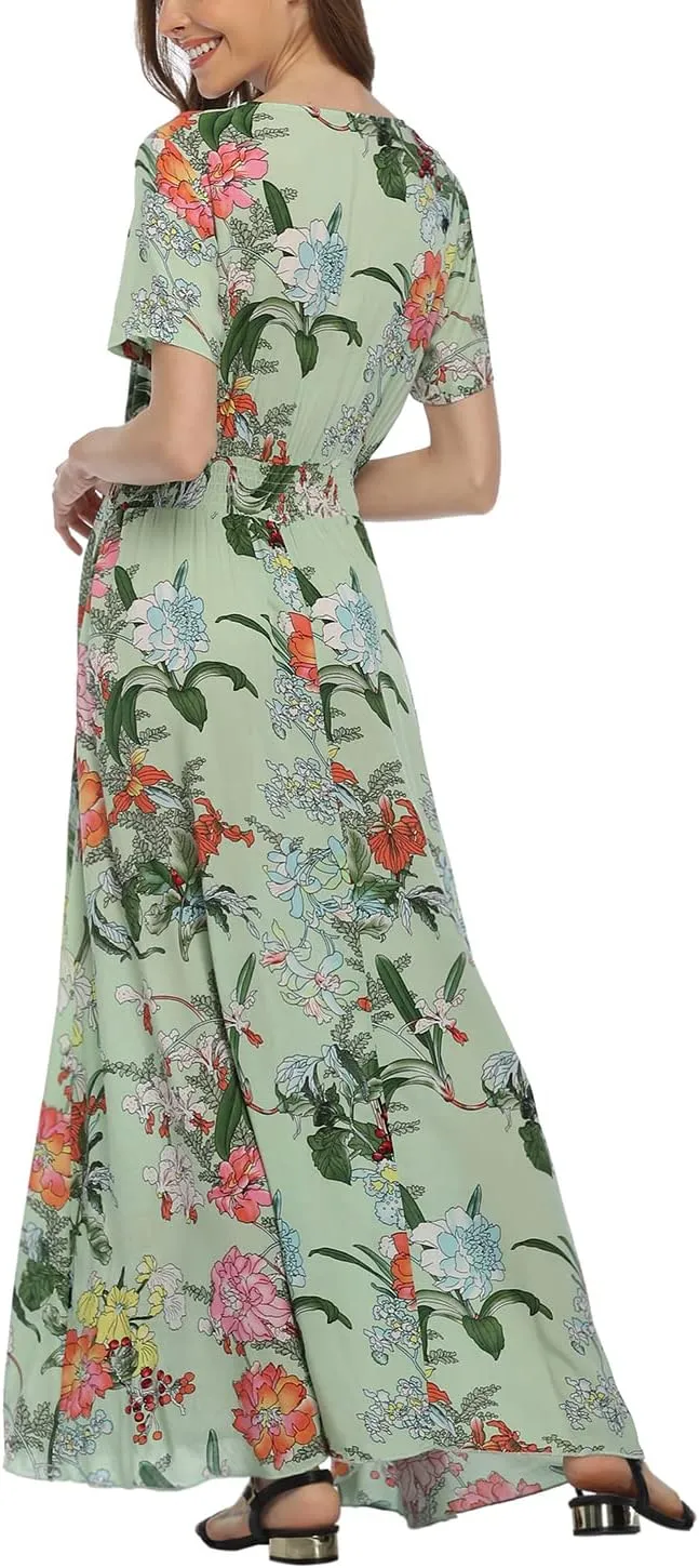 Women's Boho Floral Maxi Dress Summer Button Up Split Flowy Beach Party Dress