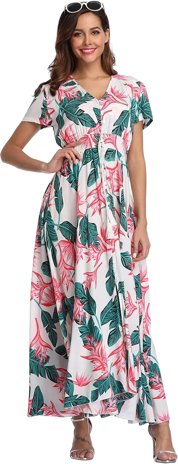 Women's Boho Floral Maxi Dress Summer Button Up Split Flowy Beach Party Dress