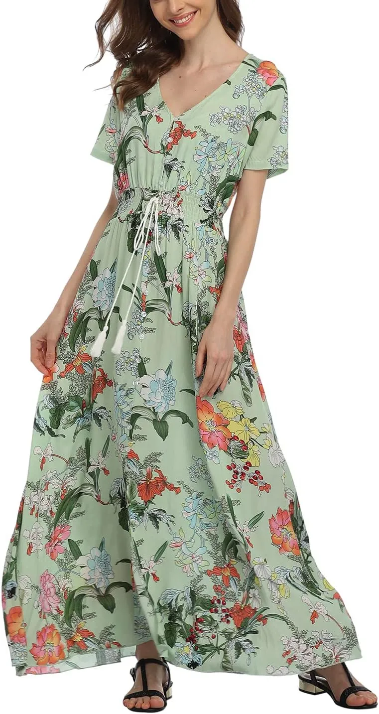 Women's Boho Floral Maxi Dress Summer Button Up Split Flowy Beach Party Dress