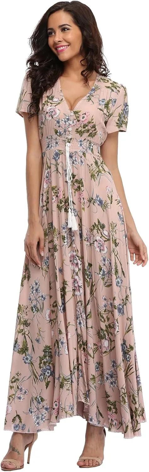 Women's Boho Floral Maxi Dress Summer Button Up Split Flowy Beach Party Dress