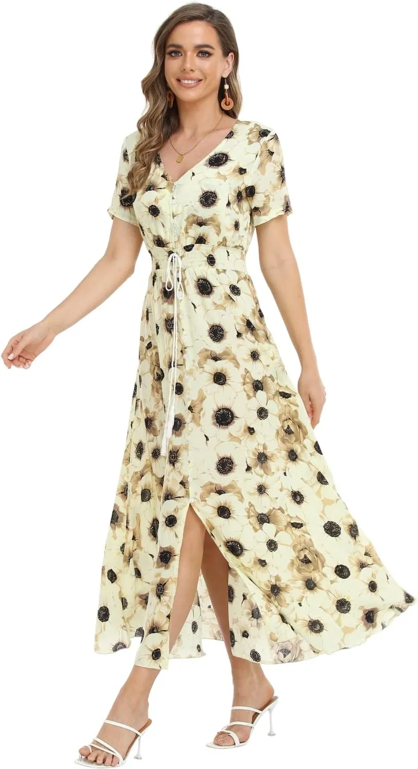 Women's Boho Floral Maxi Dress Summer Button Up Split Flowy Beach Party Dress