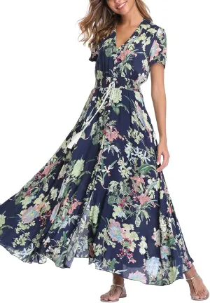 Women's Boho Floral Maxi Dress Summer Button Up Split Flowy Beach Party Dress