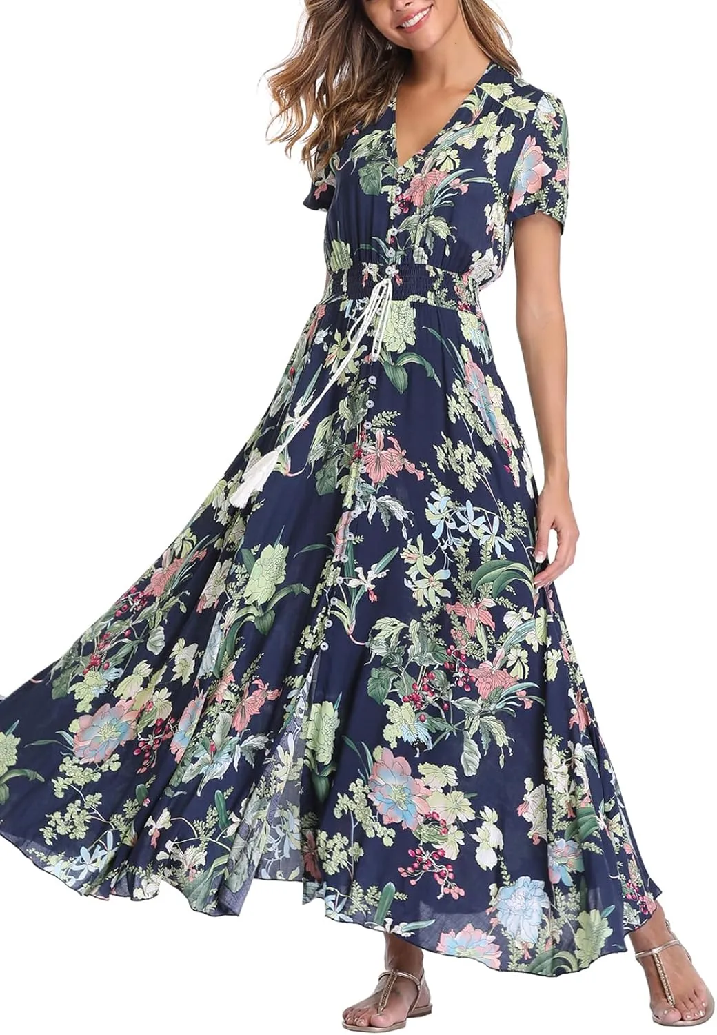 Women's Boho Floral Maxi Dress Summer Button Up Split Flowy Beach Party Dress