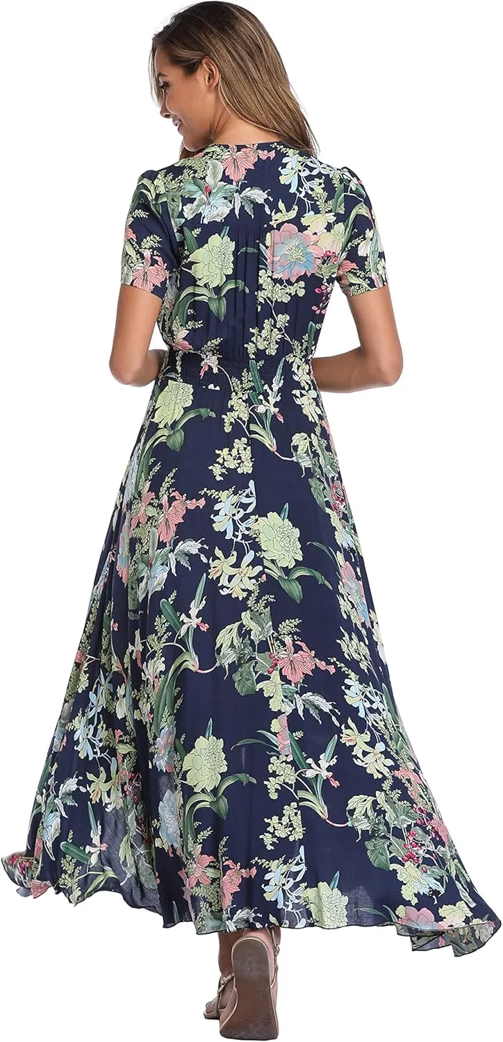 Women's Boho Floral Maxi Dress Summer Button Up Split Flowy Beach Party Dress