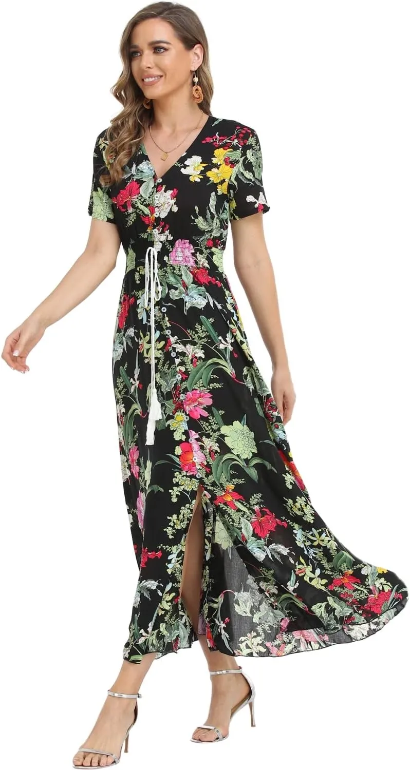 Women's Boho Floral Maxi Dress Summer Button Up Split Flowy Beach Party Dress