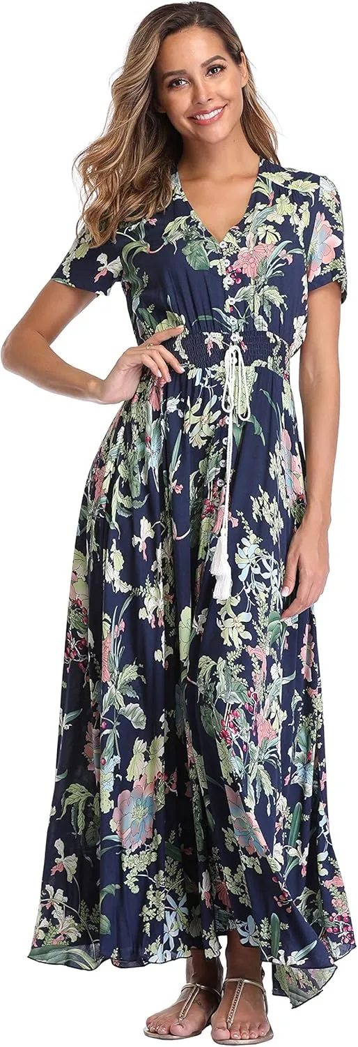 Women's Boho Floral Maxi Dress Summer Button Up Split Flowy Beach Party Dress