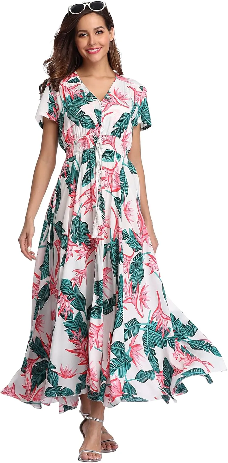 Women's Boho Floral Maxi Dress Summer Button Up Split Flowy Beach Party Dress