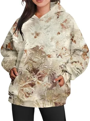 Women's Camo Hoodie Maple Leaf Print Oversized Hooded Sweatshirt Fleece Casual Long Sleeve Pullover Sweatshirts with Pockets