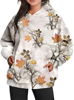 Womens Camo Hoodie Maple-Leaf Print Oversized Sweatshirt Fleece Hooded Pullover Long Sleeve Tunic Tops Fall Clothes