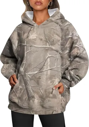 Womens Camo Hoodie Maple-Leaf Print Oversized Sweatshirt Fleece Hooded Pullover Long Sleeve Tunic Tops Fall Clothes
