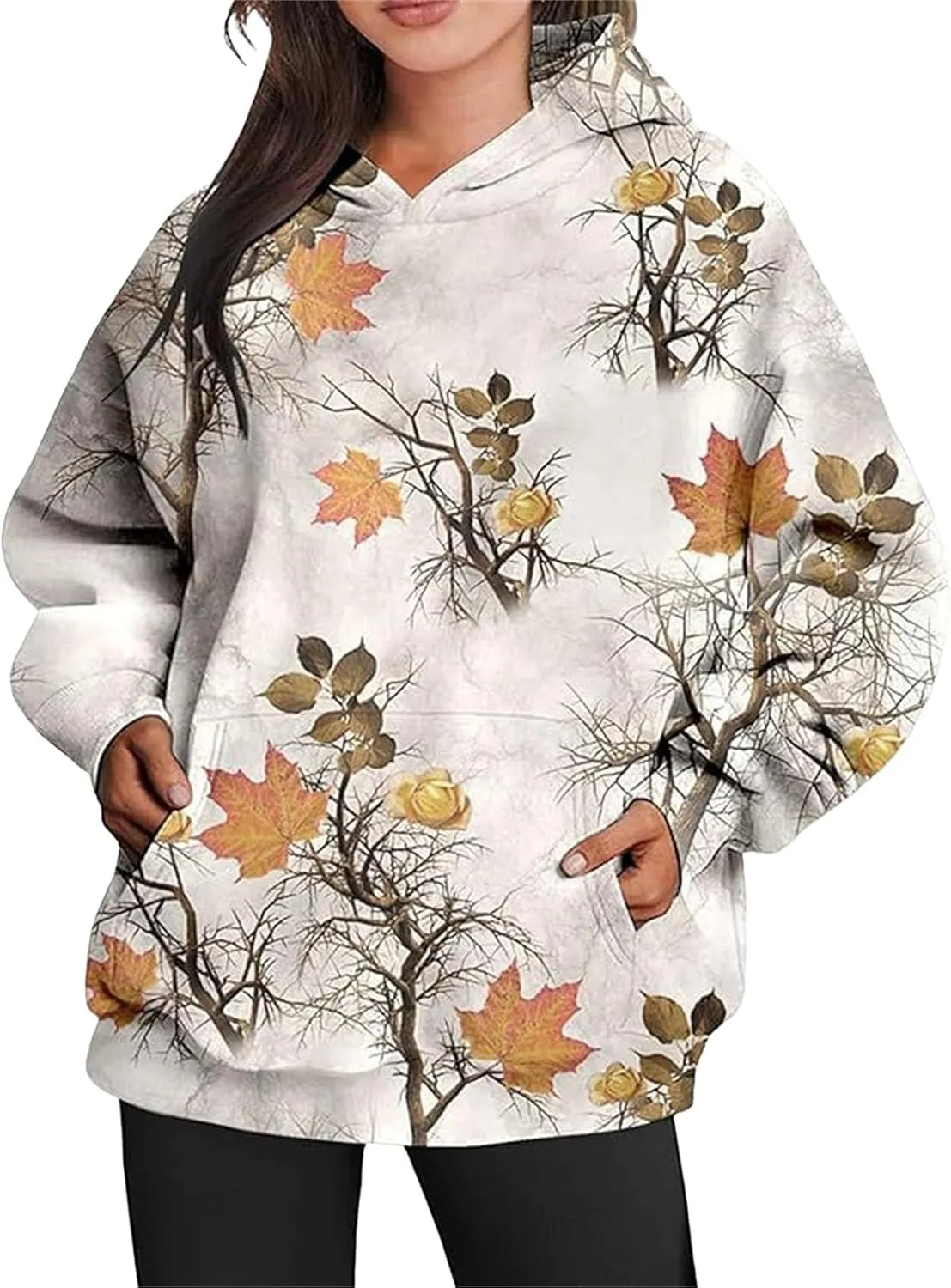 Womens Camo Hoodie Maple-Leaf Print Oversized Sweatshirt Fleece Hooded Pullover Long Sleeve Tunic Tops Fall Clothes