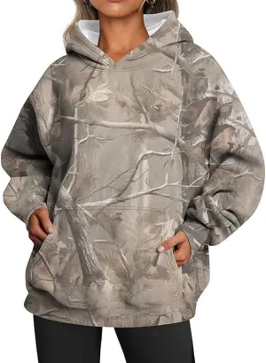 Womens Camo Hoodies Casual Loose Fit Long Sleeve Sweatshirts Oversized Maple Leaf Print Pullover Tops with Pocket
