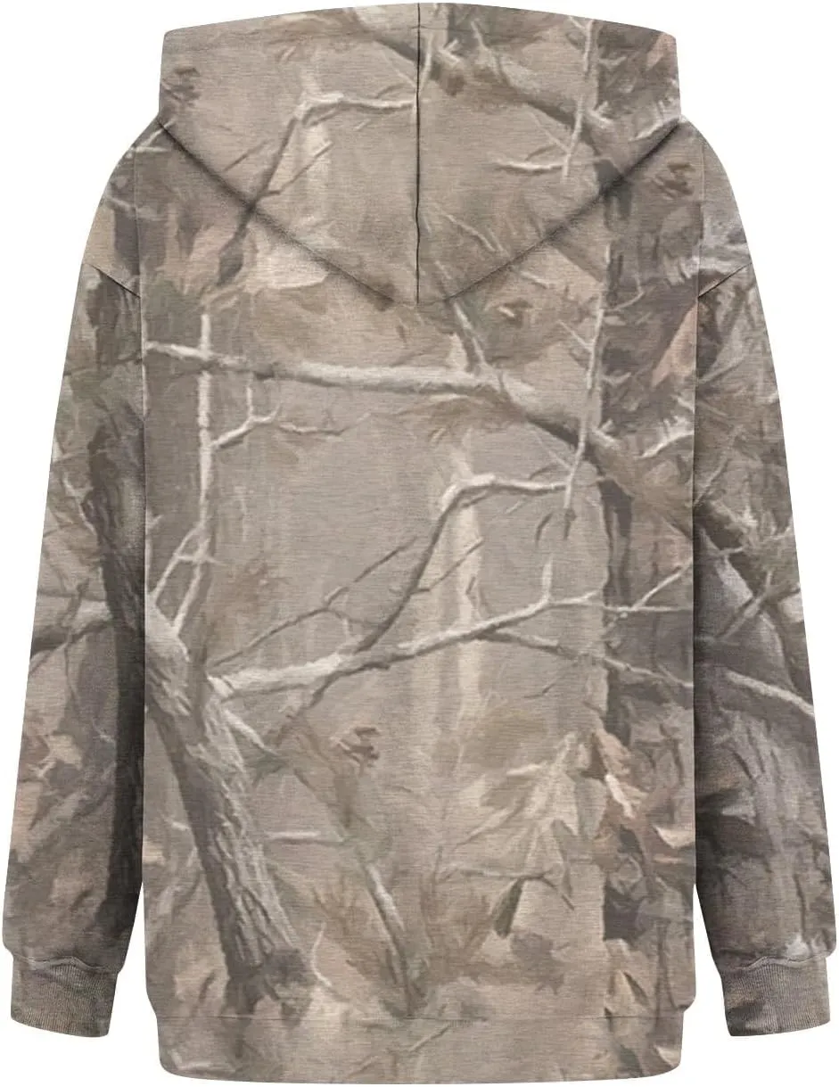Womens Camo Hoodies Casual Loose Fit Long Sleeve Sweatshirts Oversized Maple Leaf Print Pullover Tops with Pocket