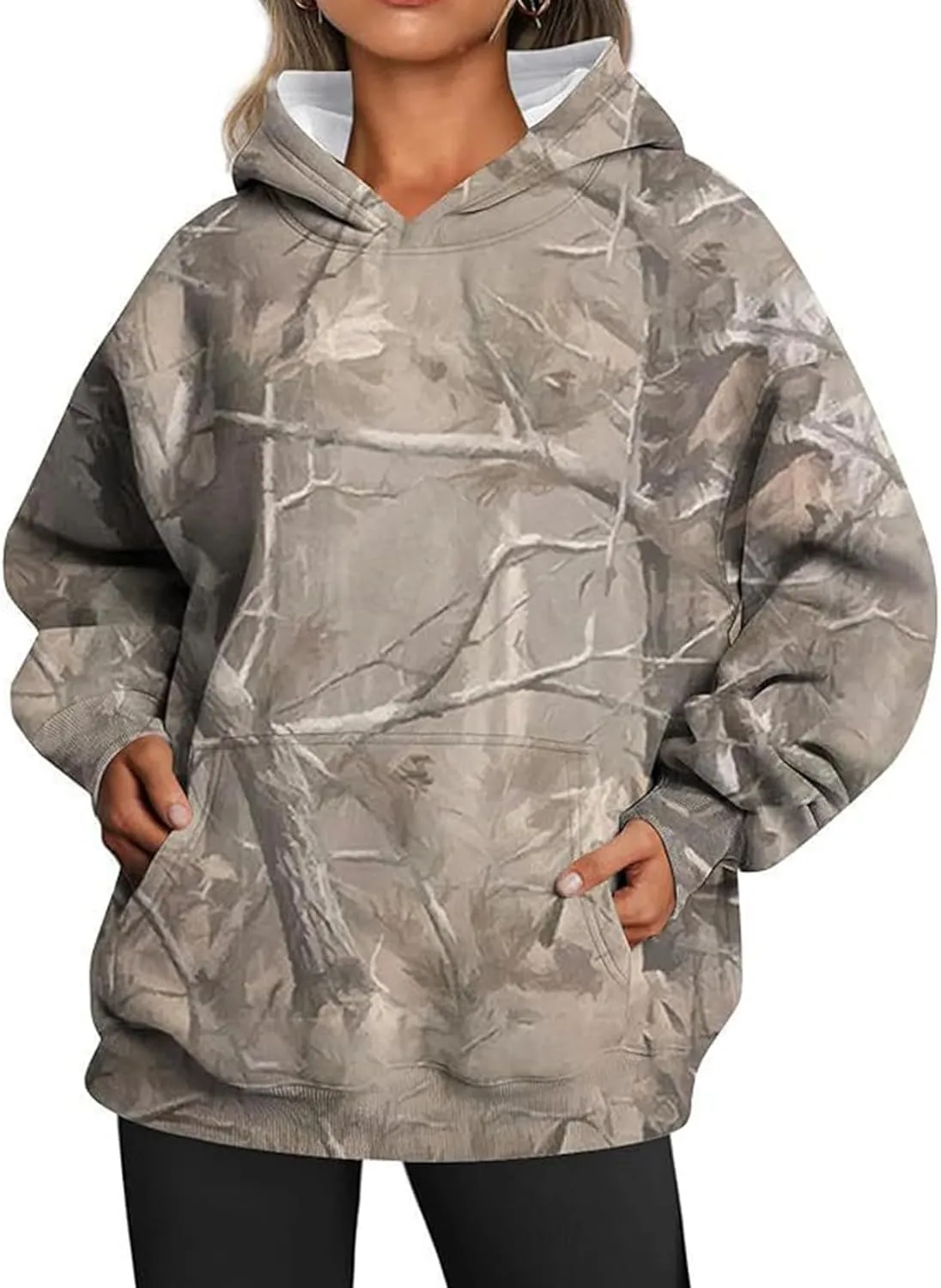 Womens Camo Hoodies Casual Loose Fit Long Sleeve Sweatshirts Oversized Maple Leaf Print Pullover Tops with Pocket