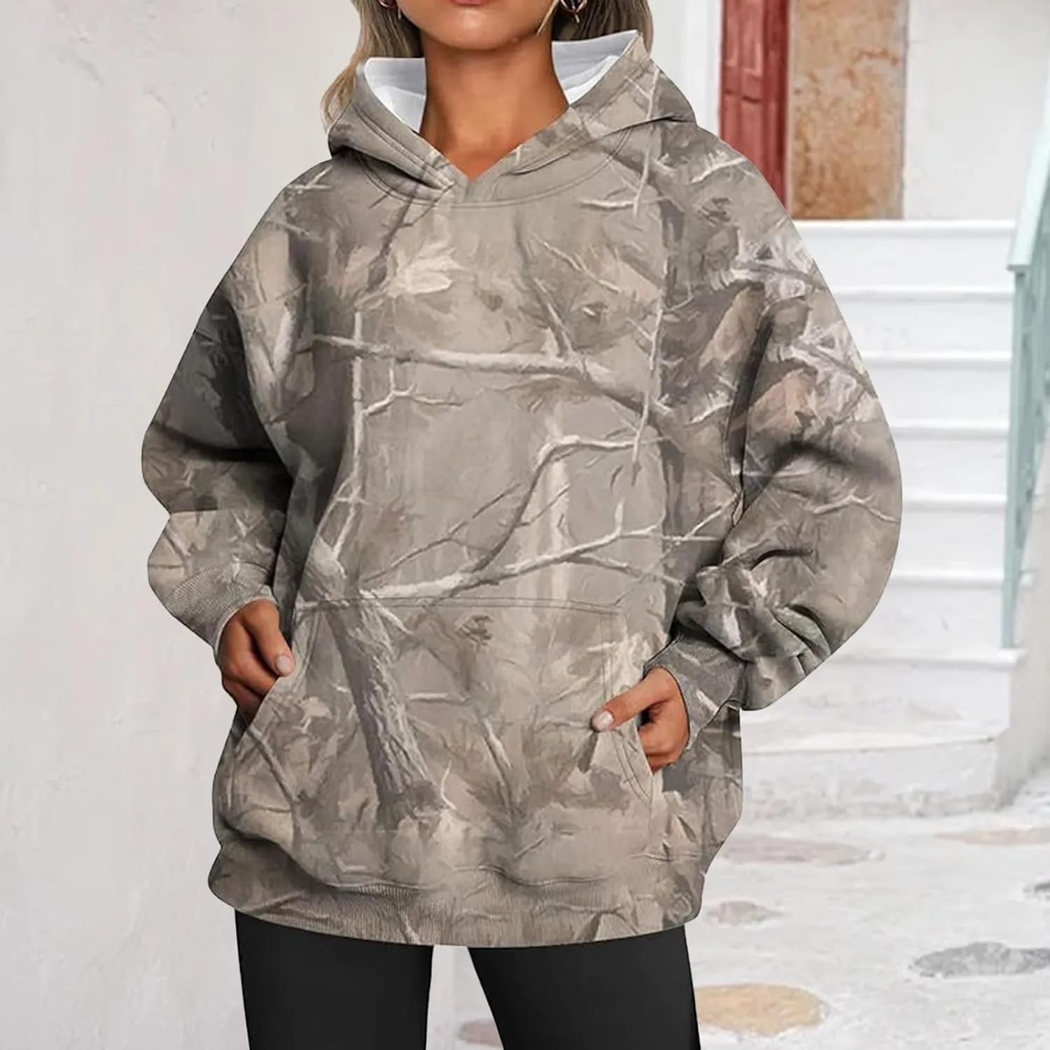 Womens Camo Hoodies Casual Loose Fit Long Sleeve Sweatshirts Oversized Maple Leaf Print Pullover Tops with Pocket