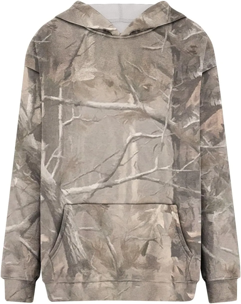 Womens Camo Hoodies Casual Loose Fit Long Sleeve Sweatshirts Oversized Maple Leaf Print Pullover Tops with Pocket